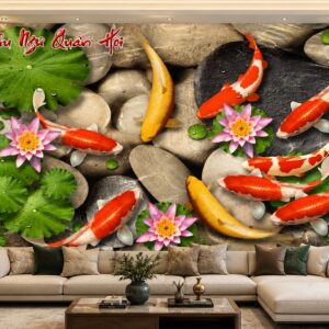 Tranh cửu ngư quần hội cá koi hoa sen dán tường phòng khách 50009