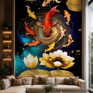Tranh cửu ngư quần hội cá koi hoa sen vàng dán tường phòng khách 42996
