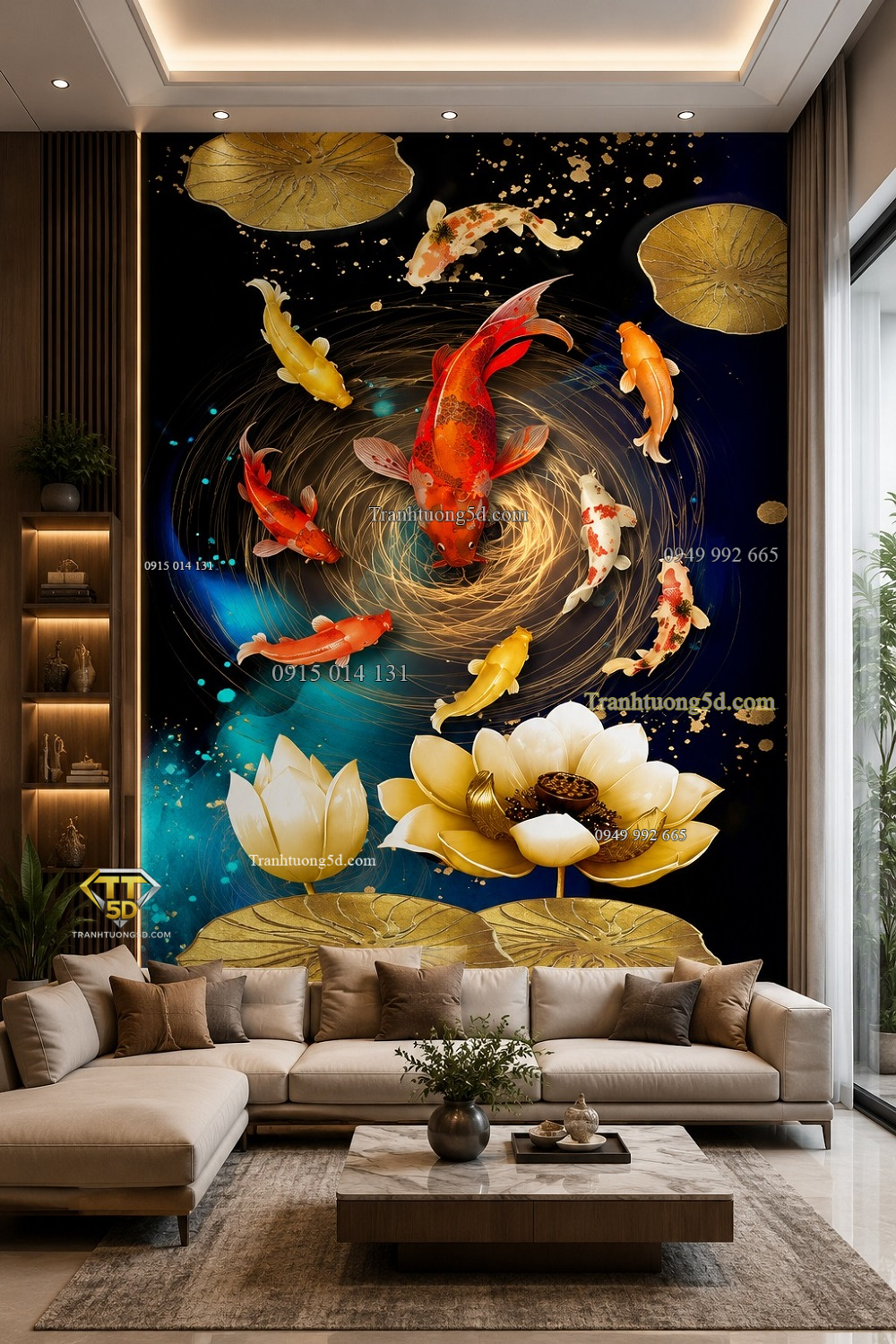 Tranh cửu ngư quần hội cá koi hoa sen vàng dán tường phòng khách 42996