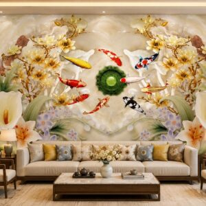Tranh cửu ngư quần hội hoa mai cá koi dán tường phòng khách 51151