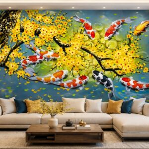 Tranh cửu ngư quần hội hoa mai vàng dán tường phòng khách 47962
