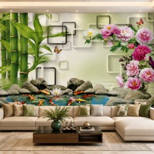 Tranh cửu ngư quần hội hoa mẫu đơn dán tường phòng khách 44385