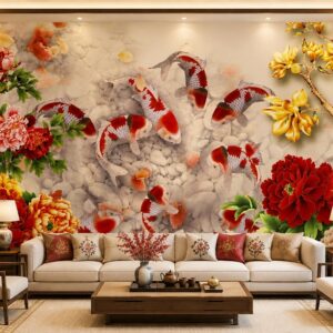 Tranh cửu ngư quần hội hoa mẫu đơn dán tường phòng khách 51169