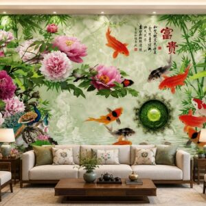 Tranh cửu ngư quần hội hoa mẫu đơn phú quý dán tường phòng khách 51285