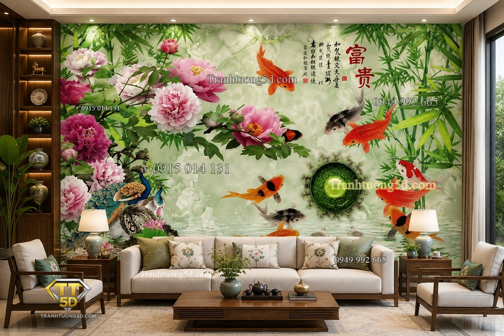 Tranh cửu ngư quần hội hoa mẫu đơn phú quý dán tường phòng khách 51285