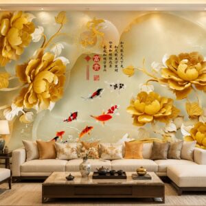 Tranh cửu ngư quần hội hoa mẫu đơn vàng phú quý dán tường phòng khách 50750