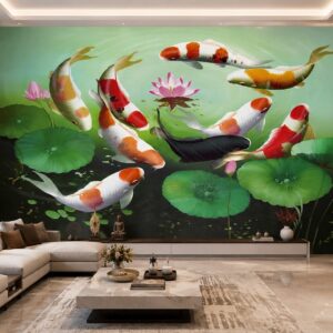 Tranh cửu ngư quần hội hoa sen dán tường phòng khách 33795