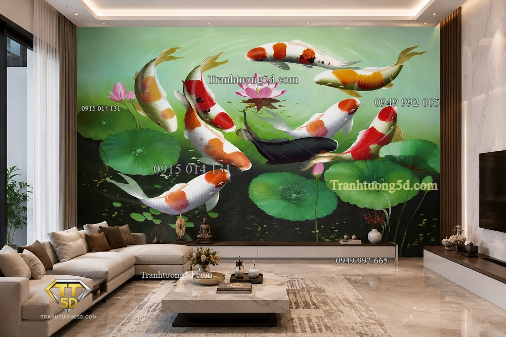 Tranh cửu ngư quần hội hoa sen dán tường phòng khách 33795