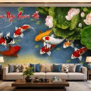 Tranh cửu ngư quần hội hoa sen dán tường phòng khách 50820