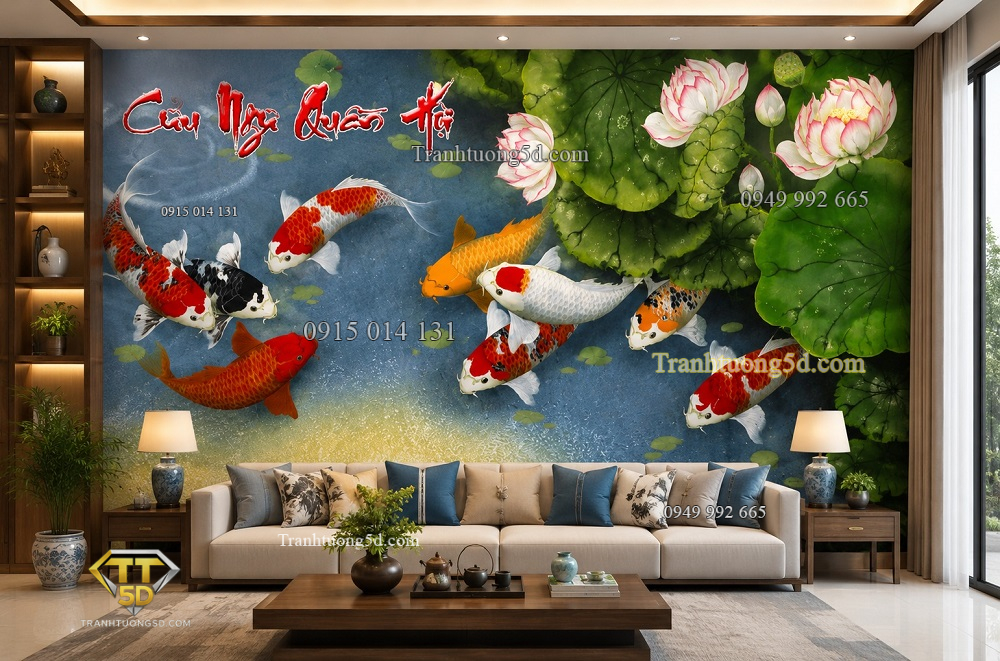 Tranh cửu ngư quần hội hoa sen dán tường phòng khách 50820