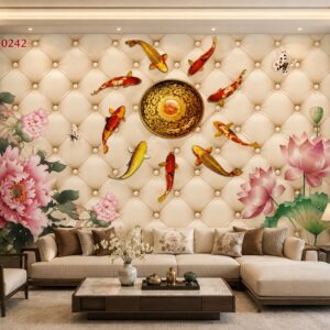 Tranh cửu ngư quần hội hoa sen mẫu đơn tài lộc dán tường phòng khách 50242