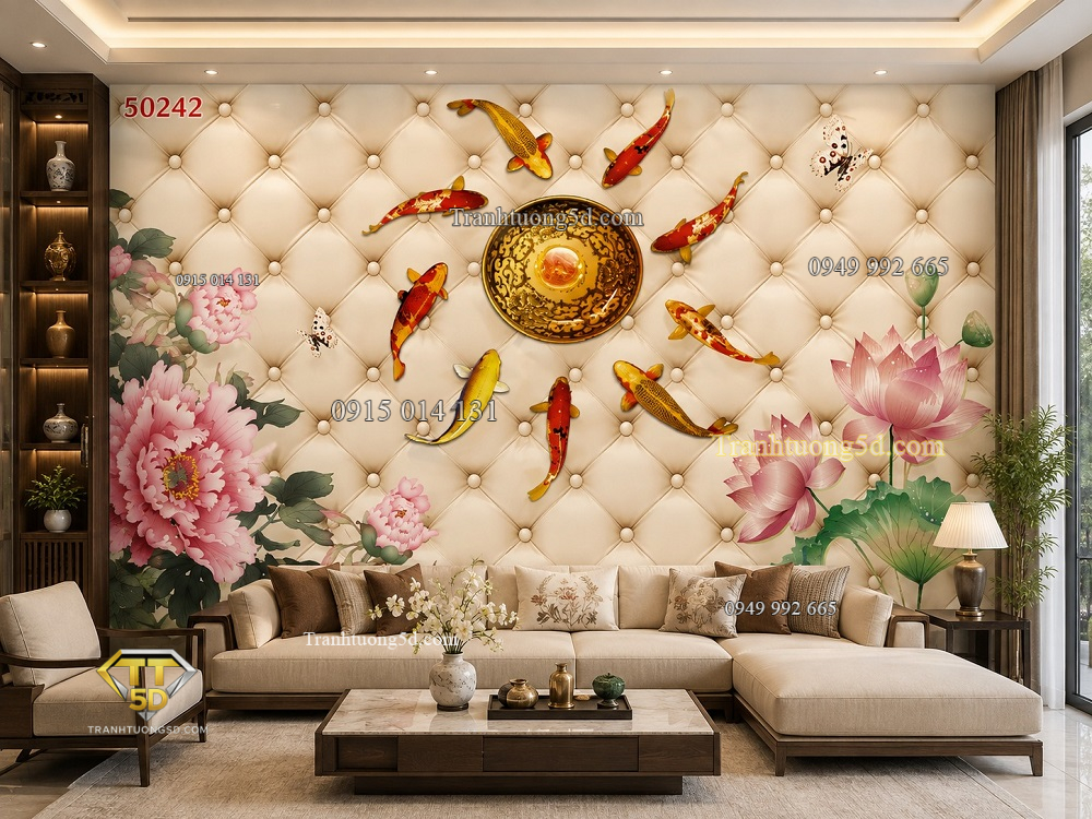 Tranh cửu ngư quần hội hoa sen mẫu đơn tài lộc dán tường phòng khách 50242