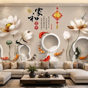 Tranh cửu ngư quần hội hoa sen phú quý dán tường phòng khách 44120
