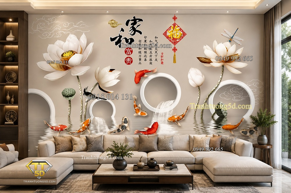 Tranh cửu ngư quần hội hoa sen phú quý dán tường phòng khách 44120