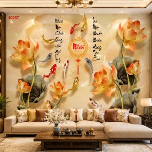 Tranh cửu ngư quần hội hoa sen phú quý dán tường phòng khách 50287