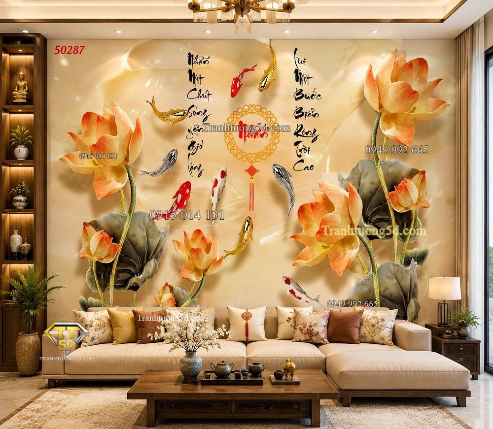 Tranh cửu ngư quần hội hoa sen phú quý dán tường phòng khách 50287