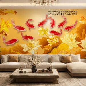 Tranh cửu ngư quần hội hoa sen vàng dán tường phòng khách 33927