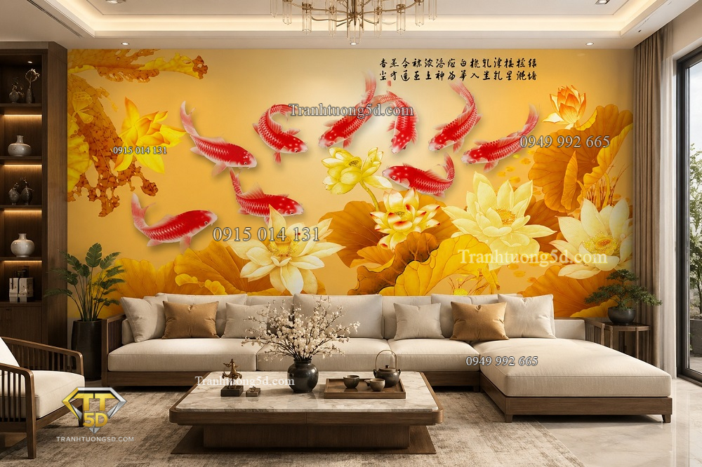 Tranh cửu ngư quần hội hoa sen vàng dán tường phòng khách 33927