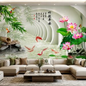 Tranh cửu ngư quần hội sen cá koi bamboo dán tường phòng khách 43424