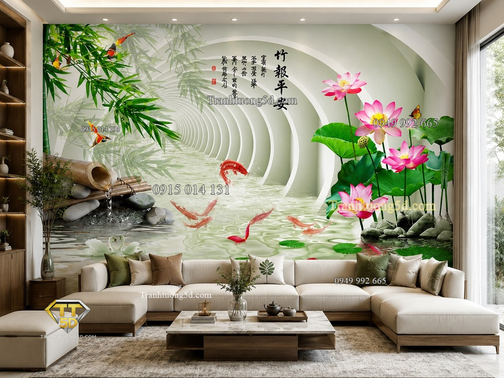 Tranh cửu ngư quần hội sen cá koi bamboo dán tường phòng khách 43424