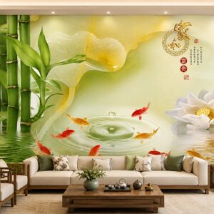 Tranh cửu ngư quần hội trúc hoa sen dán tường phòng khách 51090