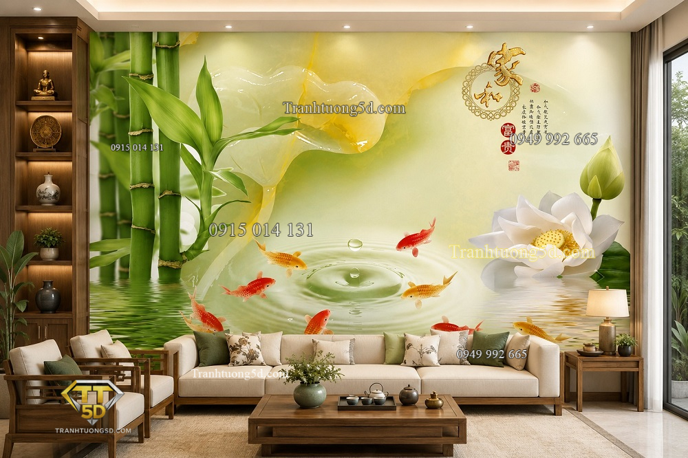 Tranh cửu ngư quần hội trúc hoa sen dán tường phòng khách 51090