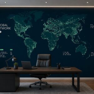 Tranh dán tường bản đồ thế giới global network công nghệ 3d hiện đại st2502489035