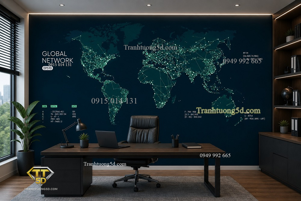 Tranh dán tường bản đồ thế giới global network công nghệ 3d hiện đại st2502489035