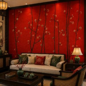 Tranh dán tường phòng khách indochine cành hoa mai nền đỏ in198202612