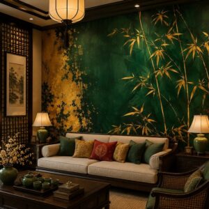Tranh dán tường phòng khách indochine cây tre vàng nền xanh in198202610