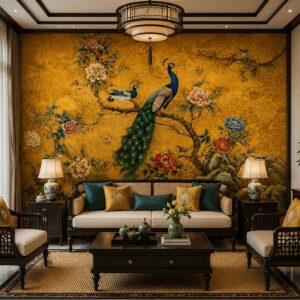 Tranh dán tường phòng khách indochine đôi chim công hoa mẫu đơn nền vàng in19820261