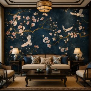 Tranh dán tường phòng khách indochine hoa đào chim hạc nền xanh navy ab830758947