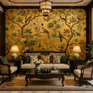 Tranh dán tường phòng khách indochine hoa mẫu đơn chim ab1256862164