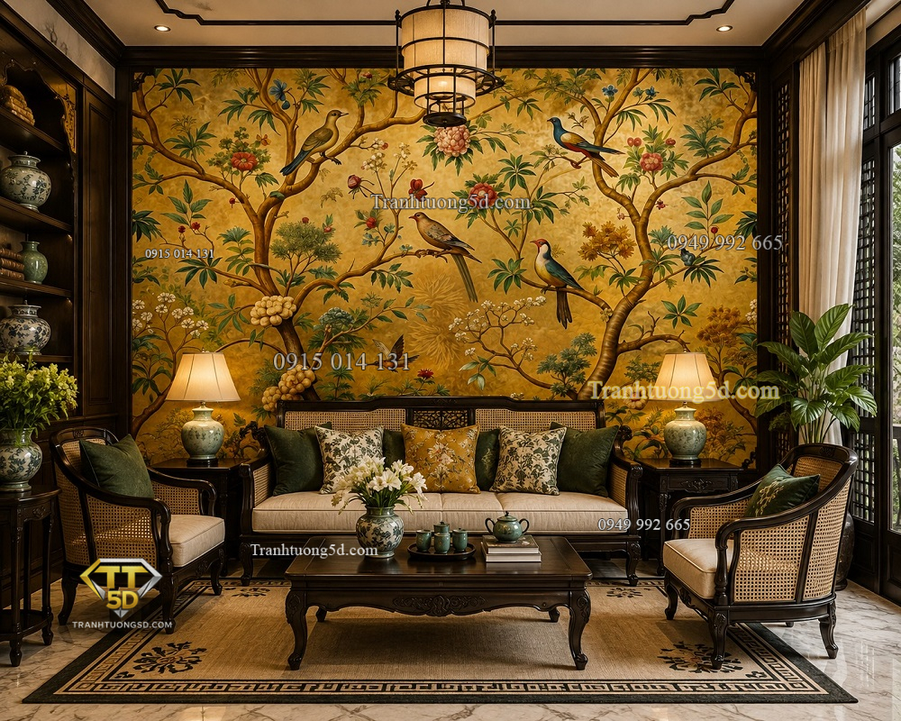 Tranh dán tường phòng khách indochine hoa mẫu đơn chim ab1256862164