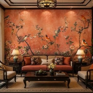 Tranh dán tường phòng khách indochine hoa mẫu đơn chim ab878434485