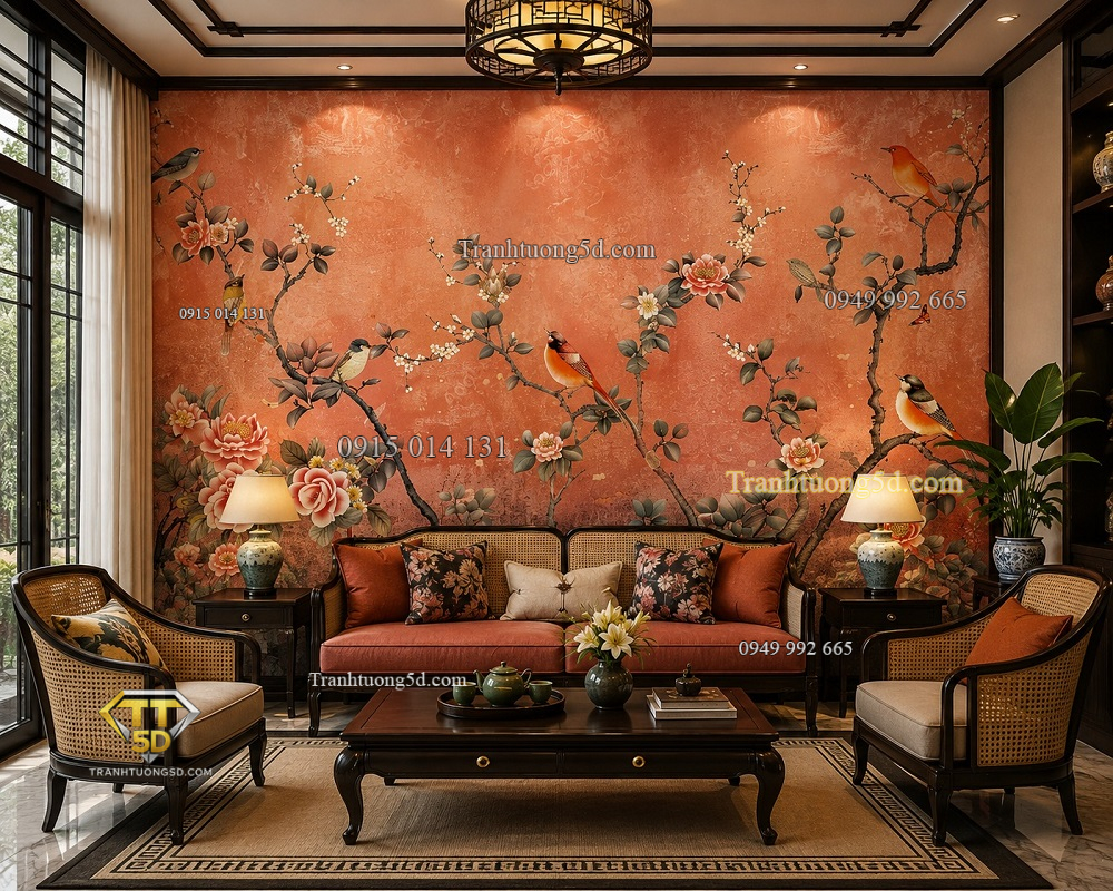 Tranh dán tường phòng khách indochine hoa mẫu đơn chim ab878434485