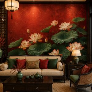 Tranh dán tường phòng khách indochine hoa sen nền đỏ in19820266