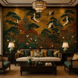 Tranh dán tường phòng khách indochine sơn thủy chim hạc cây tùng in19820263