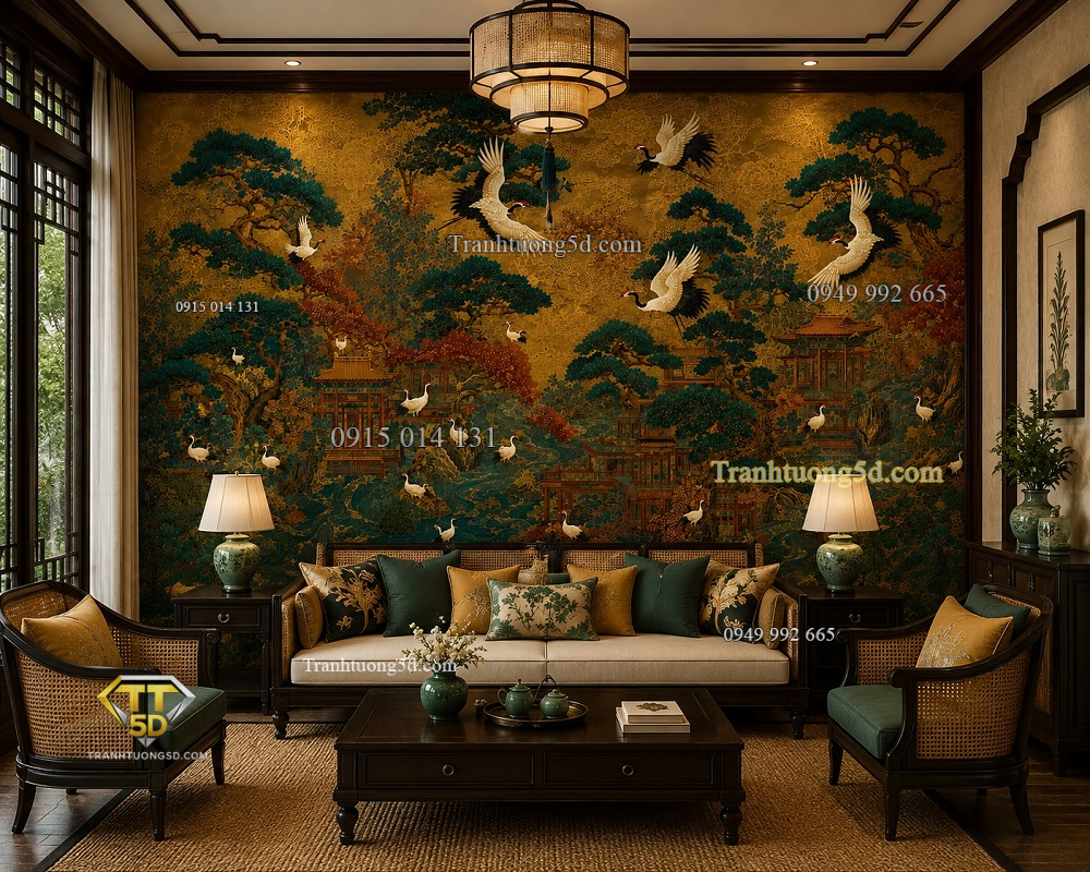 Tranh dán tường phòng khách indochine sơn thủy chim hạc cây tùng in19820263