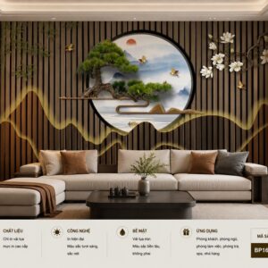 Tranh dán tường phòng khách sơn thủy tùng nghênh khách bonsai hoa mộc lan 3d bp16022023
