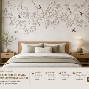 Tranh dán tường phòng ngủ botanical cành hoa chim én thanh nhã 3d 2722676185