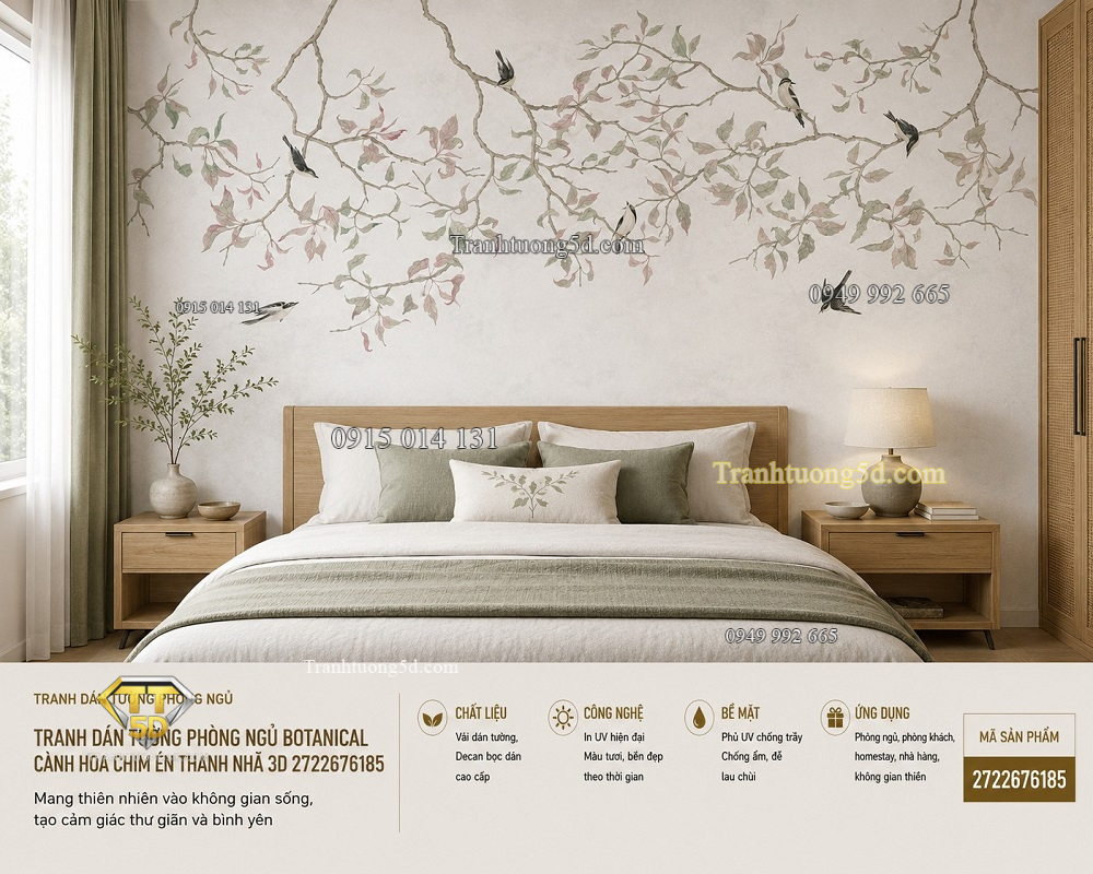 Tranh dán tường phòng ngủ botanical cành hoa chim én thanh nhã 3d 2722676185