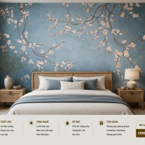 Tranh dán tường phòng ngủ hoa mai trắng nền xanh thanh nhã phong cách nhật bản 3d 2490230063