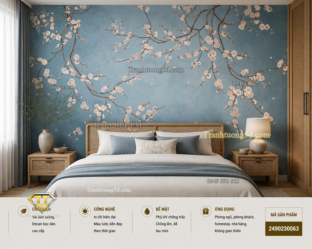 Tranh dán tường phòng ngủ hoa mai trắng nền xanh thanh nhã phong cách nhật bản 3d 2490230063