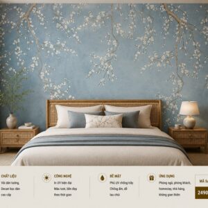 Tranh dán tường phòng ngủ hoa mai trắng trên nền xanh phong cách indochine 3d 2490230065
