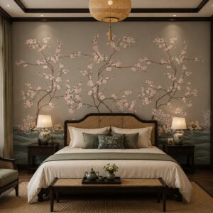 Tranh dán tường phòng ngủ indochine cành hoa đào nền xám be ab1562691773