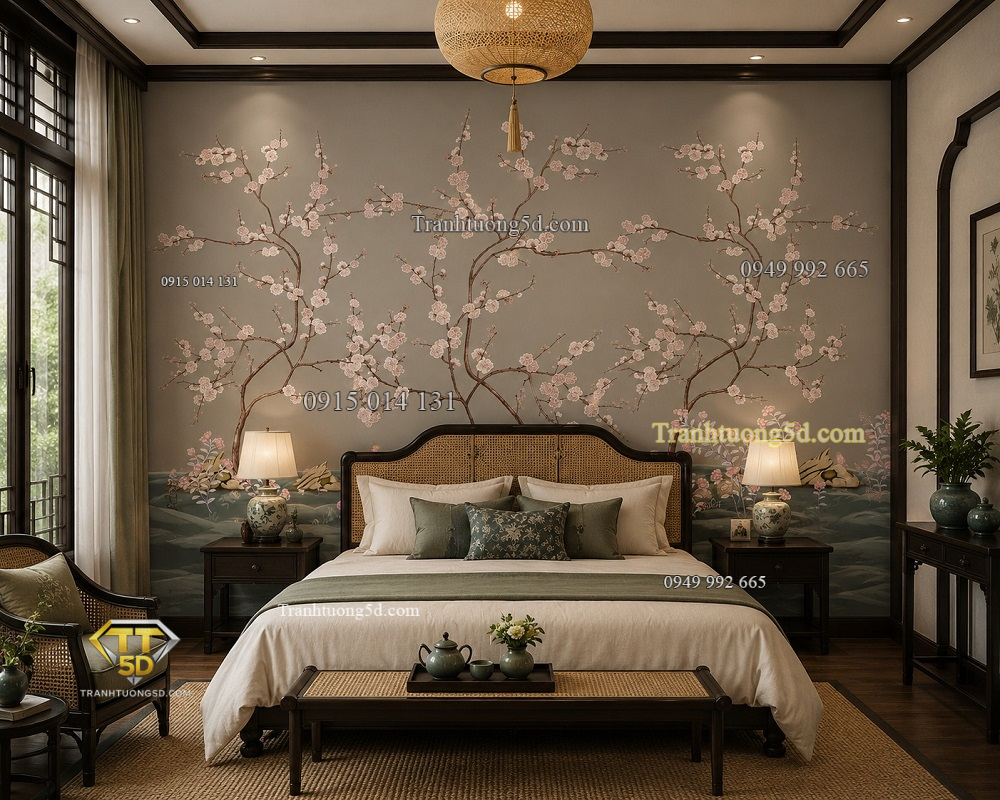 Tranh dán tường phòng ngủ indochine cành hoa đào nền xám be ab1562691773