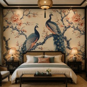 Tranh dán tường phòng ngủ indochine đôi chim công hoa mẫu đơn ab717116625