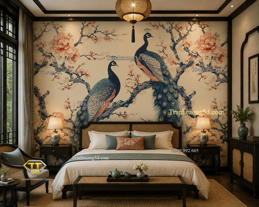 Tranh dán tường phòng ngủ indochine đôi chim công hoa mẫu đơn ab717116625