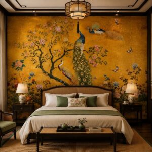 Tranh dán tường phòng ngủ indochine đôi chim công hoa mẫu đơn nền vàng in19820262